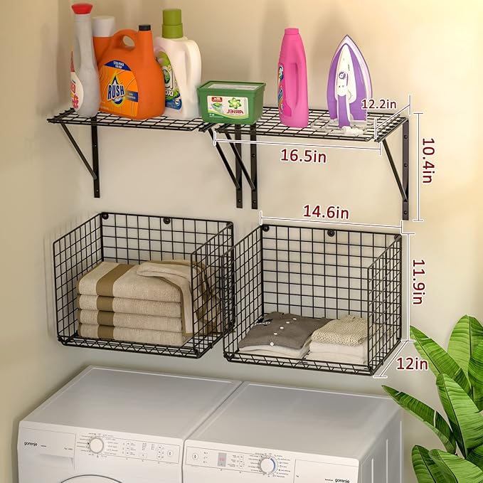 3IngSeagulls 2 Pack Laundry Room Shelves, Wire Baskets with 8 Hooks, Over Washer and Dryer Shelf, Wall Mounted Storage and Clothes Drying Rack, Black
