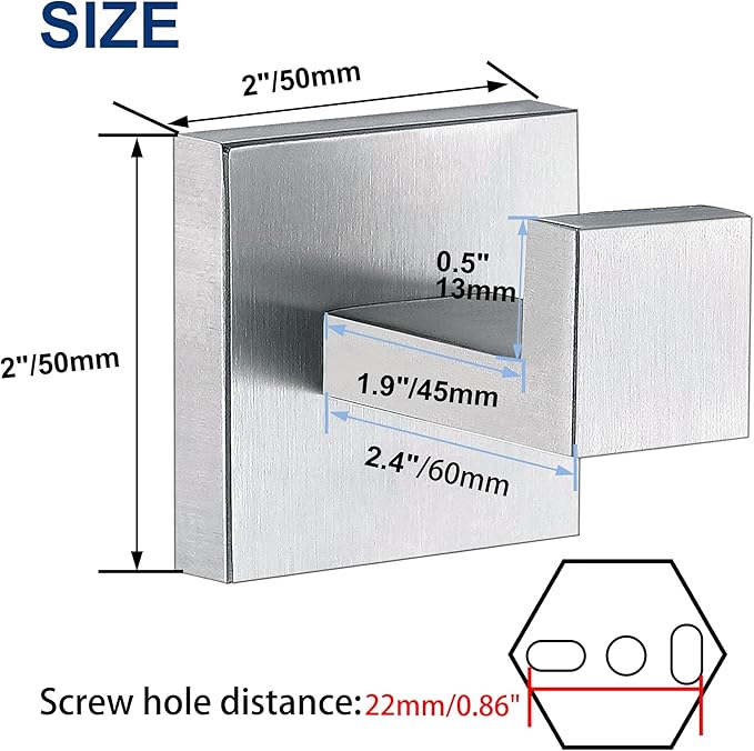 Towel Hooks for Bathrooms, Brushed Nickel Towel Hook for Kitchen Bathroom, SUS304 Stainless Steel Coat Hook, Square Heavy Duty Holder Robe Hooks for Hanging Towels, Coats, sponges, Wall Mount, 4 Pack
