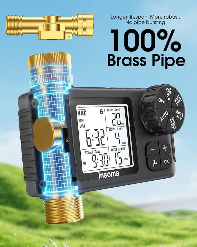 Water Timer for Garden Hose with 100% Metal Pipe, Programmable Sprinkler Controller for Garden Faucet with Auto/Manual/Rain Delay Mode, Irrigation Timers for Lawn, Yard, Outdoor Plants