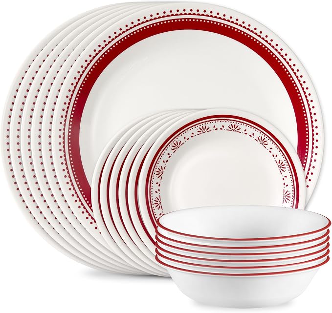 Corelle Everyday 18-PC Dinnerware Set Service for 6, Durable and Eco-Friendly, Higher Rim Glass Plate & Bowl Set, Microwave and Dishwasher Safe, Sadie