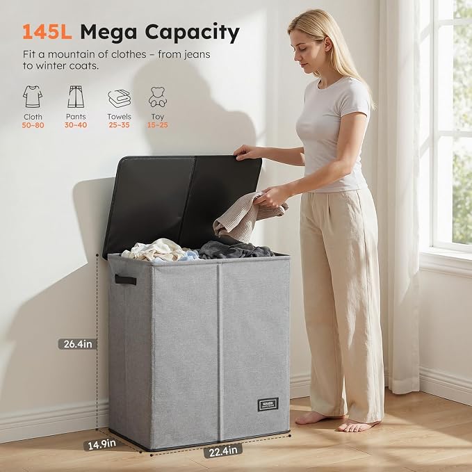 SOLEDI Double Laundry Basket with Lid and Removable bag, Large Laundry Hamper 2 Section with handles, Collapsible Dirty Clothes Hampers for Laundry, Bedroom, Dorm, College