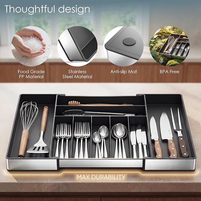 Extra Large Silverware Organizer, 9 Slot Expandable Kitchen Drawer Organizer, Utensil Holder, Heavy Duty Stainless Steel Frame Silverware Drawer Organizer, 8 Non-Slip Feet Included, BPA Free, Black