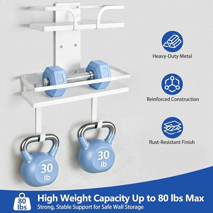 VINAEMO Ironing Board Hanger Wall Mount, 2-Layer Iron and Ironing Board Holder, Laundry Room Shelves Solid Wood with Removable Hooks Home Organization and Storage (White)