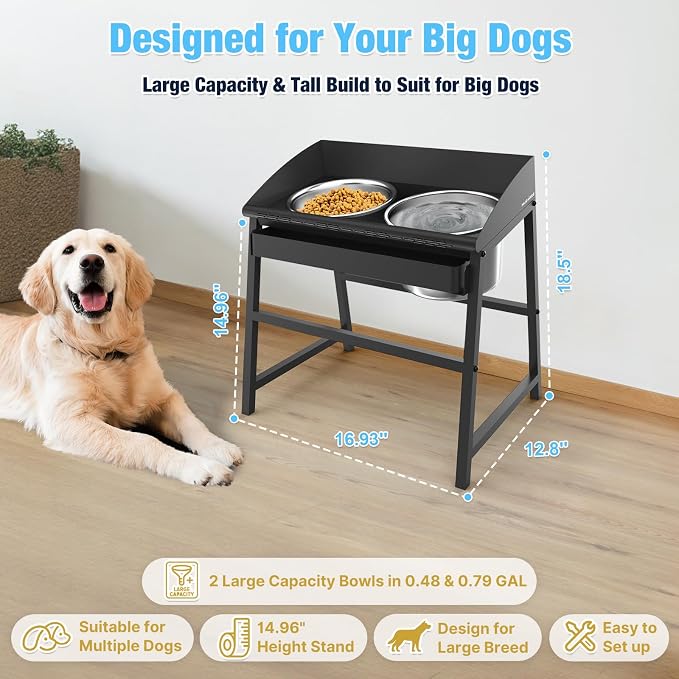Bobbie & Laxi 15" Tilted Elevated Dog Bowl, Large Breeds Non-Spill Design | Raised Dog Bowl with Stand;Stainless Steel Dog Food Bowl & Water Bowl Set with Raised Splash Wall;Easy Clean Large Dog Bowl