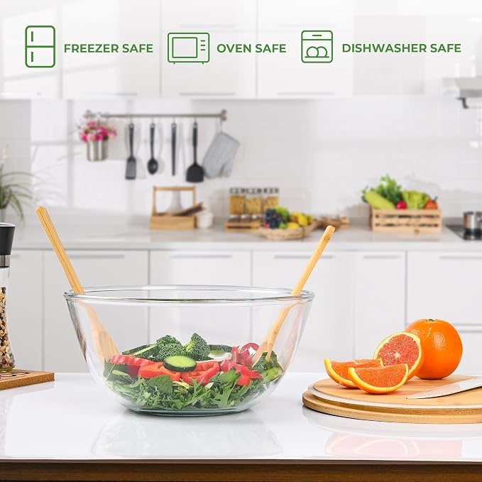 GEHE Glass Salad Bowl with Sealing Lid, 10.6Inch Large Trifle Bowl Glass Fruit Bowl, 4.7 Quart Large Capacity Serving Bowls for Salad, Pasta, Fruit, Dessert Display Cake, Microwave Safe