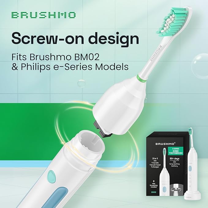 Brushmo e-Series Total Clean Replacement Toothbrush Heads, Compatible with Philips Sonicare Screw-on Electric Toothbrush Handles, 6 Standard Heads, Medium Firm Dupont Bristles, BM726-bg, White