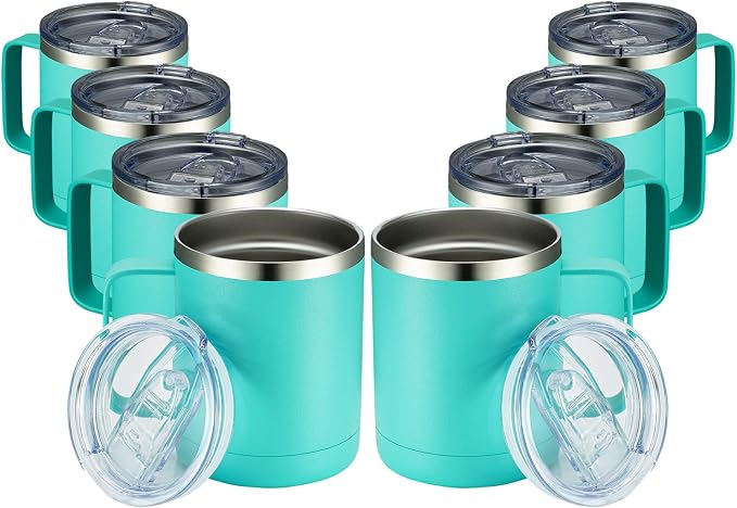 MEWAY 12oz Coffee Mug With Handle 8 Pack Bulk,Stainless Steel Insulated Travel Tumblers With Sliding Lid,Double Wall Vacuum Camping Cup for Hot & Cold Drinks Tea (Light Green,Set of 8)