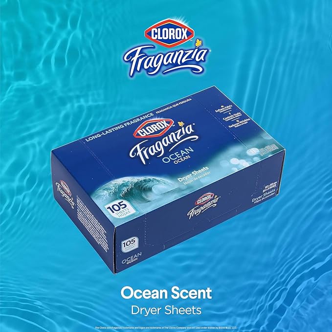 Clorox Fraganzia Fabric Softener Dryer Sheets Wrinkle Reducing Anti Static Softens Fabrics Fresh Smelling Clothes Fresh Ocean Scent 105 Count 6 Pack Household Bulk Value Extended Household Laundry