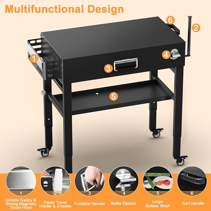 Quick-Fold Grill Cart for Ninja Woodfire & Blackstone | 28/34 in height,4 locking wheels,fits to griddles,pizza ovens and tabletop grills