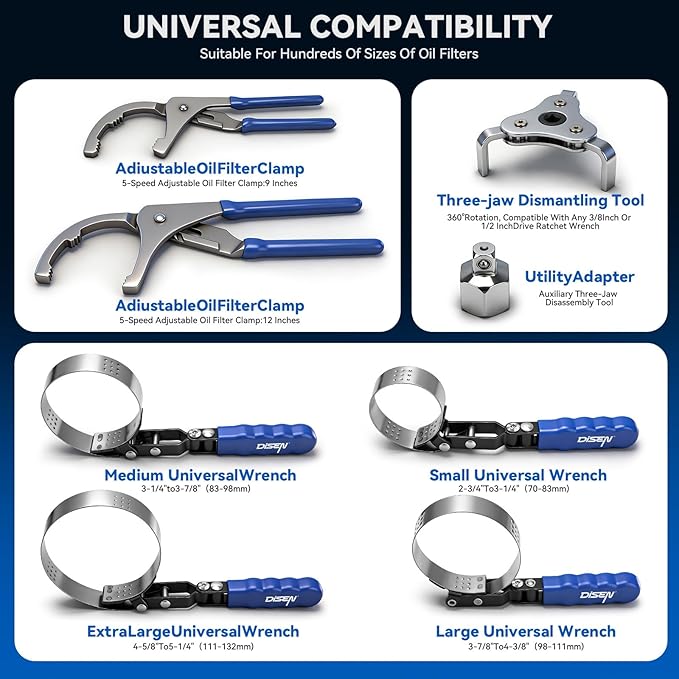 DISEN Oil Filter Wrench Set, 8PCS Oil Filter Swivel Wrench Set 2-3/4" to 5-1/4", 9" & 12" Adjustable Oil Filter Pliers,Universal 3-Jaw Removal Tool with 1/2" to 3/8" Adapter, Organized in Storage Case