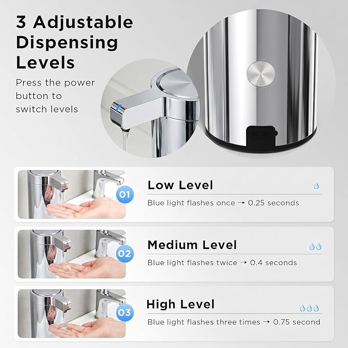 Newise Automatic Soap Dispenser with 3 Adjustable Dispensing Modes, 9 oz Touchless Sensor Stainless Steel, Rechargeable Hand Liquid Soap Dispenser for Kitchen & Bathroom, Chrome Metallic