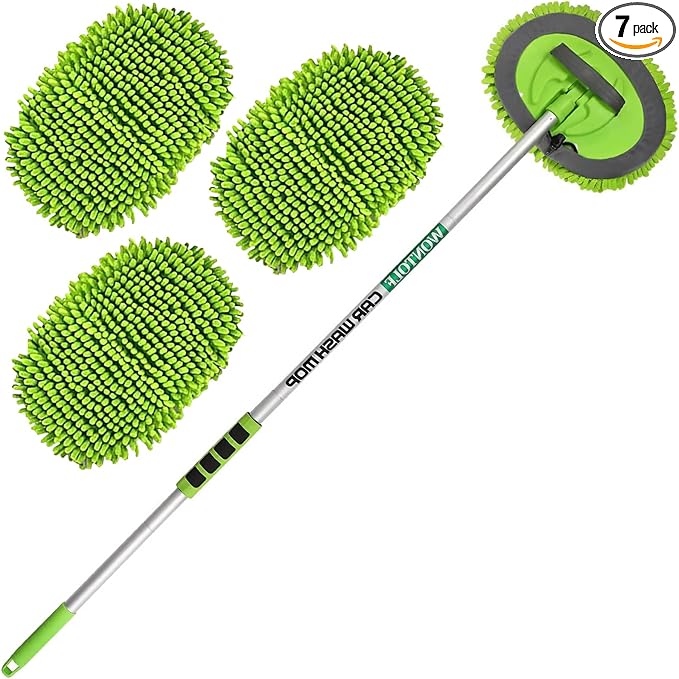 62'' Car Wash Brush with Long Handle Chenille Microfiber Car Wash Mop Mitt Kit Scratch-Free Car Cleaning Brush Care Kits with Replacement Head Supplies for Cars RV Truck Boat