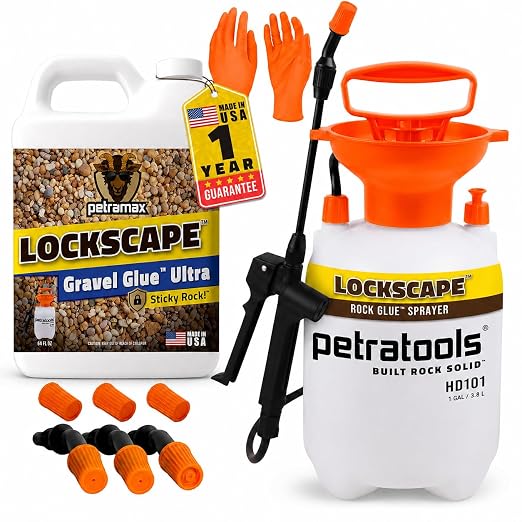 Lockscape Ultra Gravel Glue for Landscaping - Non-Toxic, Concentrated Landscape Binder - Strong Mulch and Rock Glue for Landscaping Pea Gravel, Pine Straw (64 Ounce, Gravel Glue Sprayer Set)