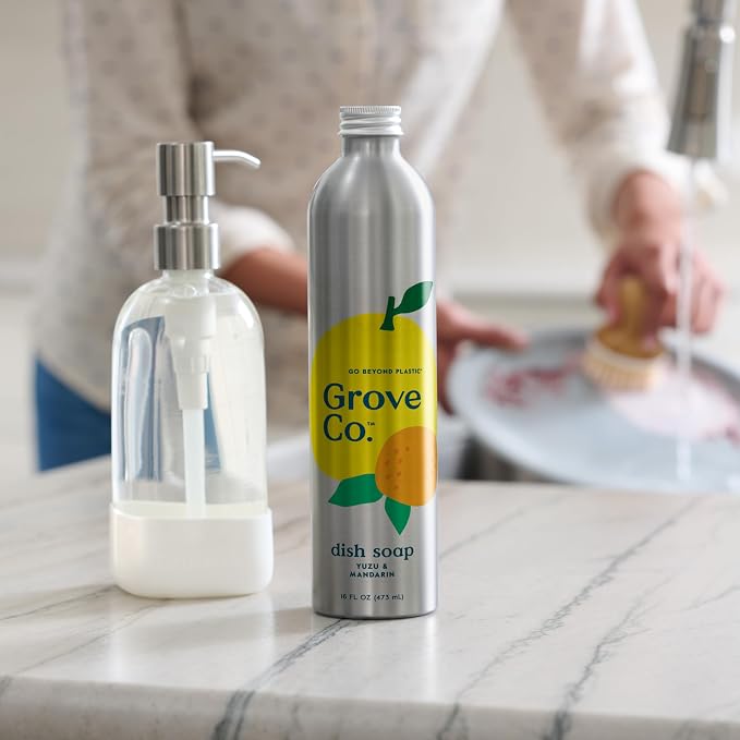 Grove Co. Yuzu & Mandarin Dish Soap Refill Bundle - 3 Aluminum Bottles (16 oz) with Reusable Glass Dispenser, Citrus Scented Grease-Cutting Plant-Based Formula