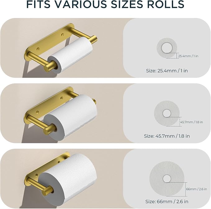 FORIOUS Toilet Paper Holder, Adhesive or Screw Wall Mount Pivoting Tissue Roll Holder for Bathroom, Stainless Steel Rustproof Self Adhesive Toilet Paper Roll Dispenser no Drilling, Brushed Gold