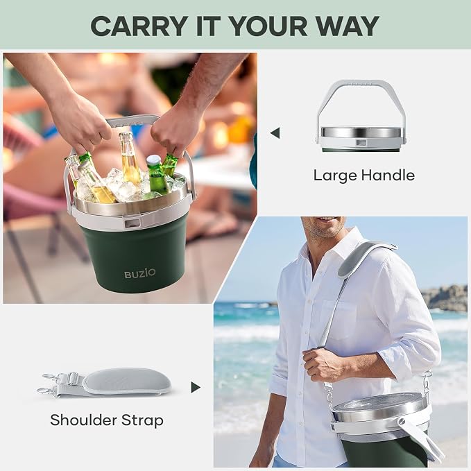 BUZIO 7 L Ice Bucket with Lid Scoop & Tongs & Adjustable Shoulder Strap | 7.4 Qt/7 L Insulated Stainless Steel Large Beverage Bucket with Handle (Doulble Wall), for Parties, Cocktail Bar Champagne