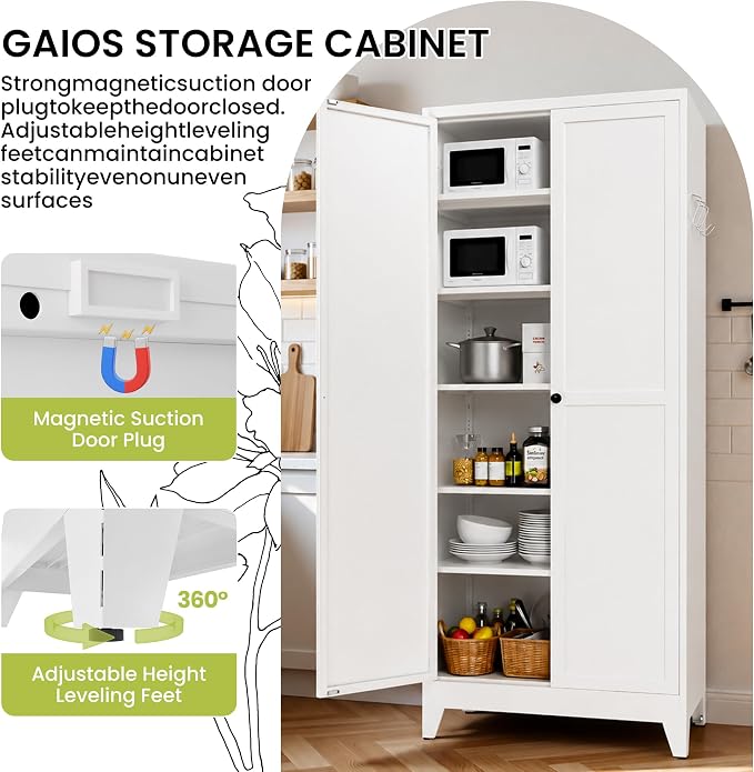 AQY Metal Pantry Cabinet, 75" White Kitchen Storage Cabinet with Doors | 5 Adjustable Shelves Ventilated Metal Cabinet Hanging Hooks Freestanding Kitchen Storage