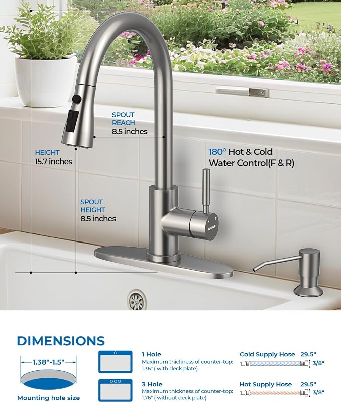 WEWE Touchless Kitchen Sink Faucet with Soap Dispenser, Single Handle Kitchen Faucets with Pull Down Sprayer Smart Motion Sensor Stainless Steel, Brushed Nickel
