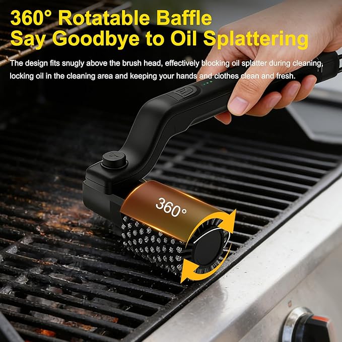 Maxmartt Electric Grill Brush, High Torque Grill Brush with 3-Speed Modes, 180° Electric Grill Cleaning Brush BBQ Cleaner Safe for Porcelain Cast Iron Stainless Steel, Reinforced Steel Bristles