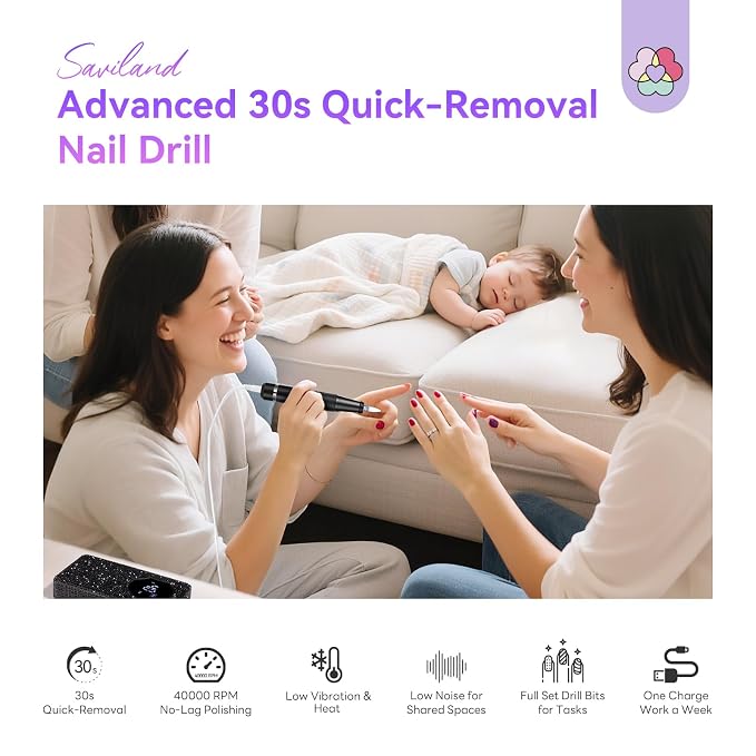 SAVILAND Professional Nail Drill 40000 RPM: Portable Electric Nail Drill Kit File Machine with Ceramic Nail Bit Sanding Bands for Quick Acrylic Removal Manicure Salon Home Use, Black Diamond