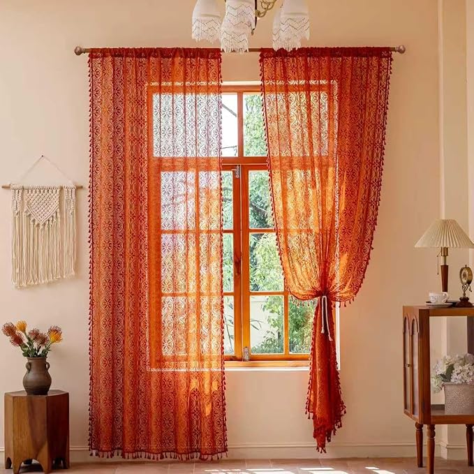Sutuo Home Boho Floral Lace Curtains for Living Room Home Office, Semi Sheer Orange Curtains Farmhouse Privacy Crochet Vintage Victorian Tassels Rod Pocket Easter Decor, 2 Panels 50" x 96" Terracotta