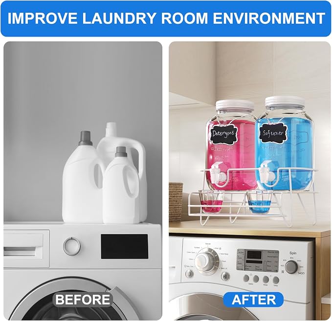 Roetell 2 Sets 1 Gallon Laundry Detergent Dispenser with Stand, Glass Laundry Soap Dispenser, Liquid Laundry Detergent Dispenser for Laundry Room Organization Dispenser Containr