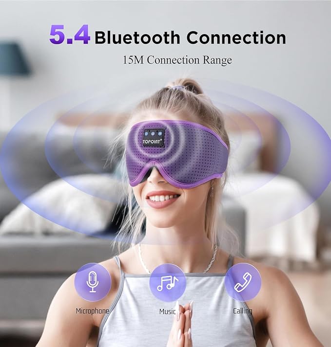 TOPOINT Sleep Mask Headphones Bluetooth 5.4, 3D Eye Mask for Sleeping with Light Blocking, 15 Hours for Women Men, Travel, Meditation, Nap, CPAP Users, Purple