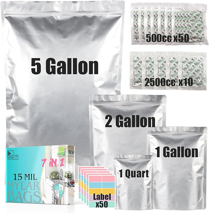 50pcs Mylar Bags for Food Storage With Oxygen Absorbers, 15 Mil Extra Thick Mylar Bags, 4 Size Set(5 Gallon, 2 Gallon, 1 Gallon, 1 Quart)2500cc and 400cc Oxy-Sorb (Individually Sealed)
