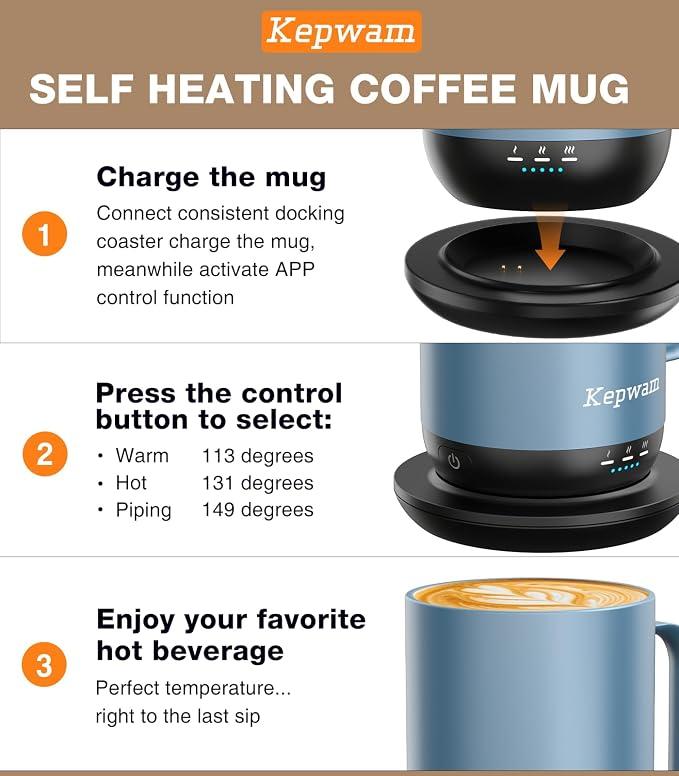 Kepwam Self-Heating Coffee Mug T1-16oz, Fast Heating Rechargeable Heated Coffee Mug, Smart Mug with App & Button Control, Ideal Gift for Coffee Lovers & Hot Drink Enthusiasts