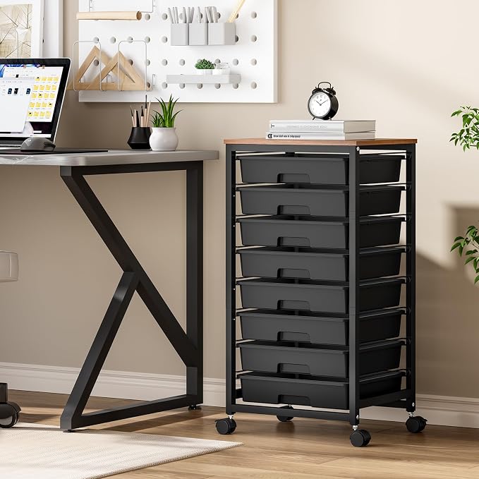 SYKIARIOL Rolling Storage Cart with Drawers,Utility Cart With 8 Drawers and Wooden Tabletop,Rolling Drawer Cart,Storage Drawer Cart for Living Room,Classroom,Bedroom,Bathroom,Dorm,Office, Black