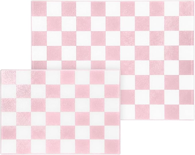 Thenshop Set of 2 Tempered Glass Cutting Boards Pink Check Countertop Cutting Boards Heat Resistant with Non-slip Feet for Kitchen Counter Housewarming Wedding Gift 7.9x11inch+11x15 Inch