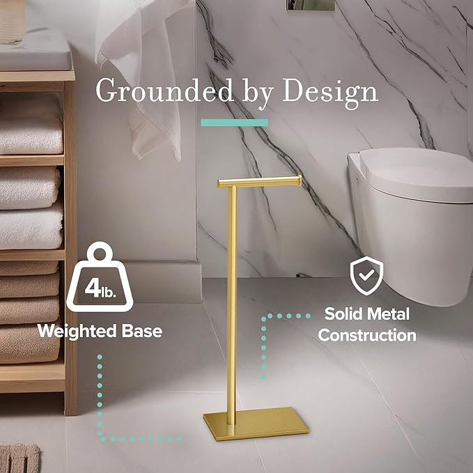 Gatco 1431B Freestanding Toilet Paper Holder Stand, Modern Bathroom Toilet Tissue Holder with Weighted Rectangle Base, Brushed Brass Finish, 22.25 Inch