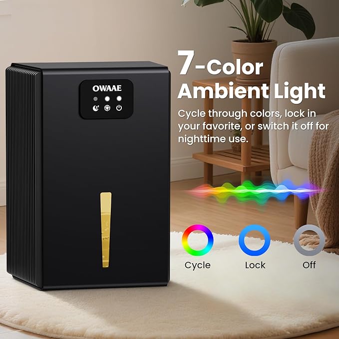 Dehumidifier, 1000 sq.ft Quiet Dehumidifiers for Home Bedroom Basement Bathroom with 95oz Water Tank, Sleep Mode, Auto Shut-Off 7 Colors LED Light, Black