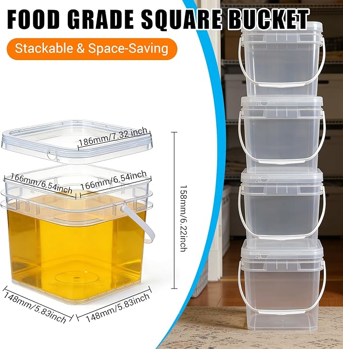 Food Storage Buckets with Lids - 4 Set Square Clear Plastic Containers, Airtight Pressure Seal & Handle for Kitchen Freezer Prep (Clear, 0.8 gal)