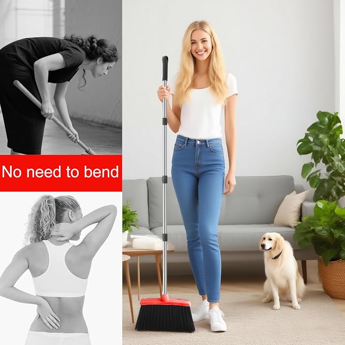 BSKLIN Broom and Dustpan Set for Home, 52" Long Handle Standing Broom Set with Dustpan Self-Cleaning Teeth for Hair Removal Heavy Duty Indoor Outdoor Sweeping Kit for Kitchen Garage (Black)