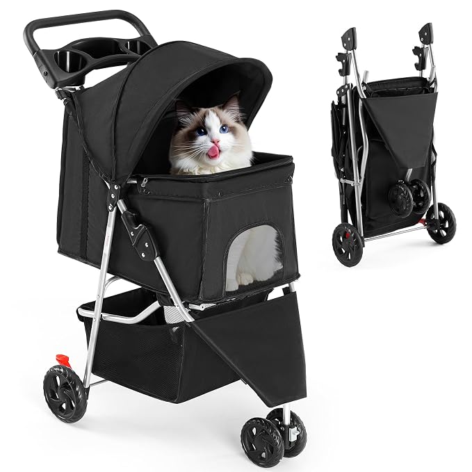 DUMOS 3 Wheels Pet Stroller for Small Dogs and Cats – Foldable Dog Stroller with Mesh Windows, Storage Basket & Cup Holder, Lightweight & Durable Pet Carrier for Travel, Outdoor Use – Black