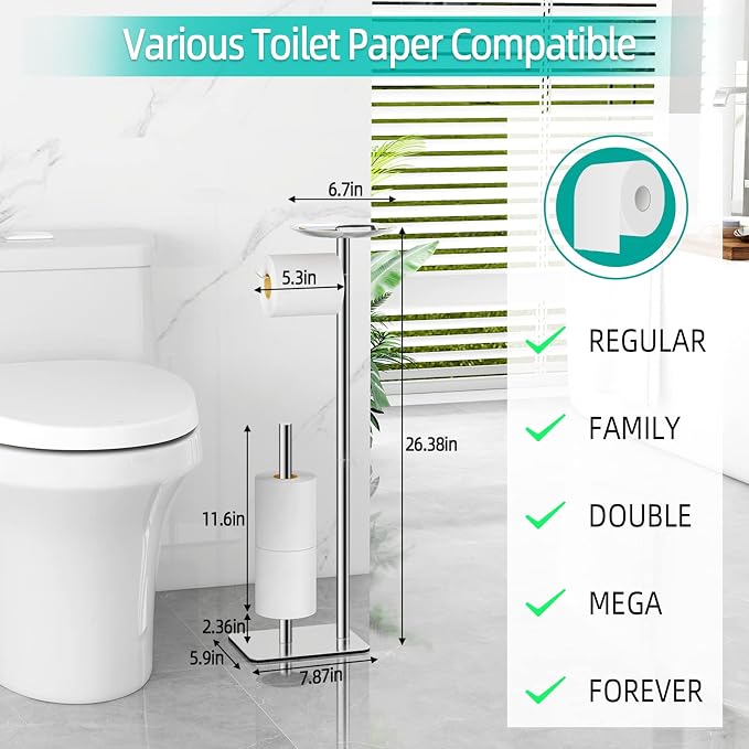 FEILERN Toilet Paper Holder Stand for Bathroom Floor Standing Toilet Roll Dispenser Storages 4 Reserve Rolls, with Top Storage Shelf for Cell Phones, Wipe, Wallet and More(Chrome)