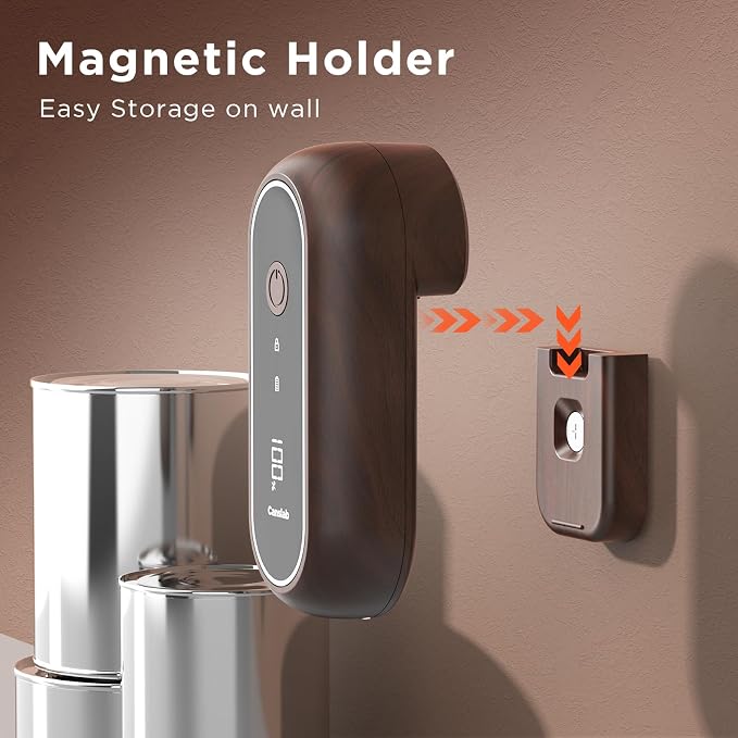 Canslab Turbo Rechargeable Electric Can Opener, LED Battery Life Display | Smart Auto Stop Can Opener for Seniors, Safe Touchable Smooth Edge, One Touch Hands-free, Wall-mountable, Walnut Wood Pattern