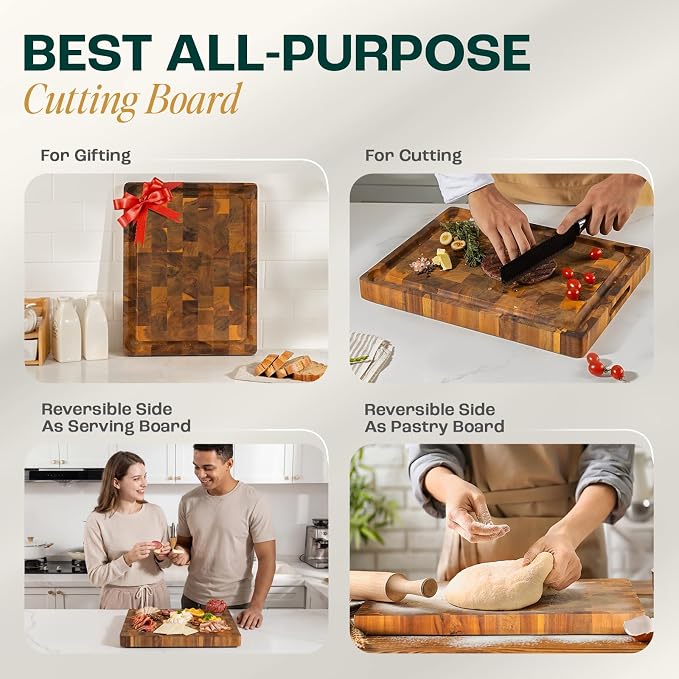 Yes4All Durable Acacia Cutting Boards for Kitchen, [17''Lx13''Wx1.5” Thick] Medium End Grain Cutting Board, Pre Oiled Wood Cutting Boards, Thick Chopping Board w/Juice Grooves and Easy Grip Handle