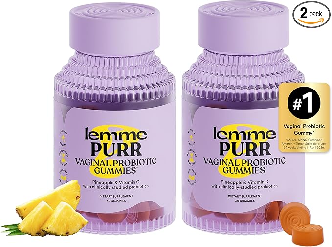 Lemme Purr Vaginal Probiotic Gummies for Women - Balanced pH, Healthy Odor, Yeast Balance & Flora Support + Vitamin C for Immune Health - Tasty Pineapple (60 Count) (Pack of 2)
