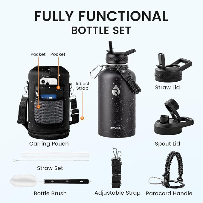 RAYMYLO 64oz Insulated Water Bottle, Triple Wall Vacuum Stainless Steel Water Bottles - Keeps Cold 48H, Reusable Half Gallon Jug for Gym, Sports, Camping, Hiking,Travel, Starry Sky-Black