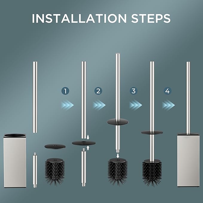 FORIOUS Toilet Brush and Holder Set, SUS304 Stainless Steel Square Base, Extended Long Handle, Drip-Proof & Space Saving, 2 Replaceable Brush Heads, Plastic & Silicone Dual Brush Head, Brushed Nickel