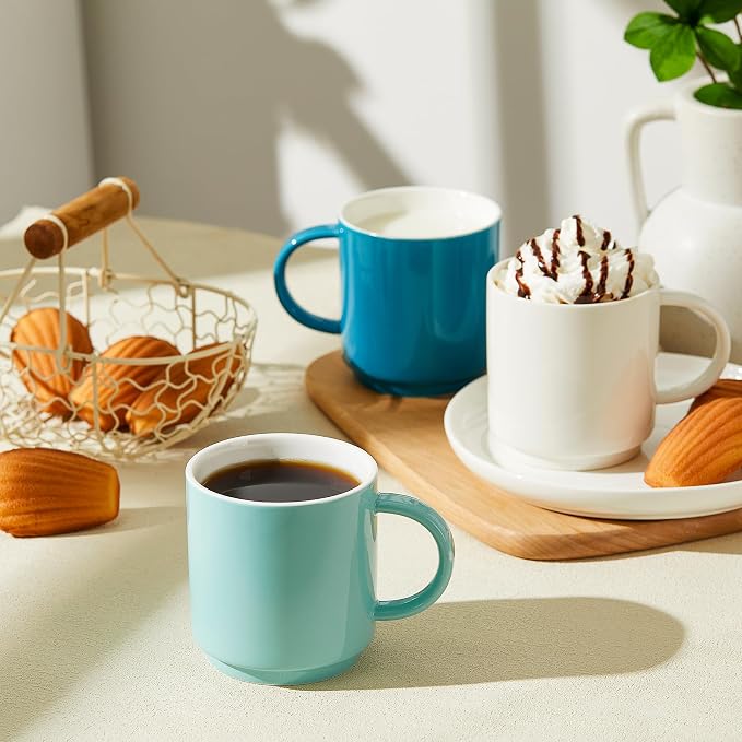 Sweese Stackable Coffee Mugs - 10 Oz Porcelain Cups for Specialty Coffee Drinks, Cappuccino, Cafe Mocha, Latte and tea, Set of 6, Cool Assorted Colors