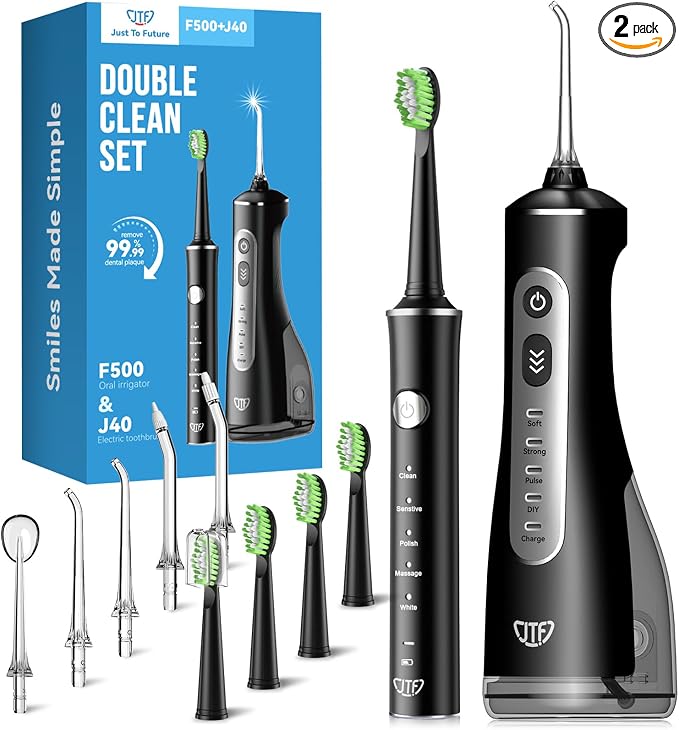 JTF Electric Toothbrush & Water Flosser Combo, 2-1 Portable Oral Clean Kit | Effective Yet Gentle Brushing & Flossing, Multiple Modes for Braces & Sensitive Teeth Care, Cordless for Home Travel, Black
