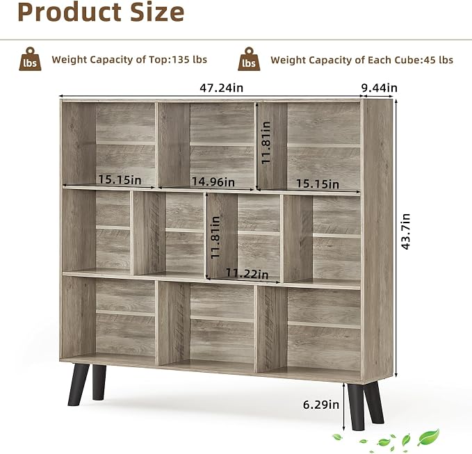 LEYAOYAO 10 Cube Bookshelf,Mid-Century Modern Bookcase with Legs,Retro Grey | 3 Tier Book Shelf,Rustic Wood Bookshelves Freestanding Large Storage Organizer, Open Shelves for Bedroom, Living Room, Office