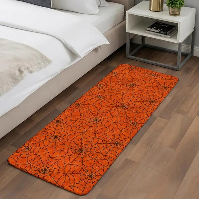 Hallway Runner Rug Indoor Outdoor 19.7"x63", Orange Halloween Absorbent Non Slip Floor Rug, Black Spiders Net Classic Gingham Low Profile Door Mat for Double Door Kitchen Laundry Room Corridor Mudroom