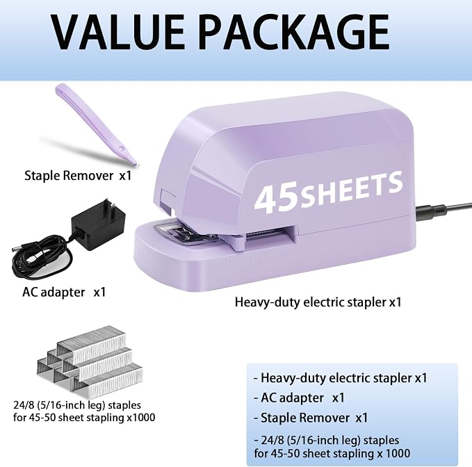 Electric Stapler for Desk, 45 Sheet Capacity Automatic Stapler Desktop, Office Staplers Electric, AC Operated Staplers Heavy Duty Office Use with 1,000 Staples & Staple Remover, Purple