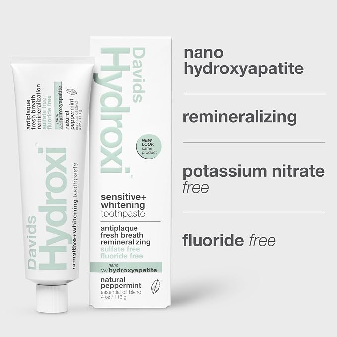 Davids Nano Hydroxyapatite Toothpaste Sensitive + Whitening Peppermint 4oz | Fluoride Free | Remineralizing | Enamel Health | Antiplaque | SLS Free | Made in USA | Recyclable Metal Tube | EWG Verified