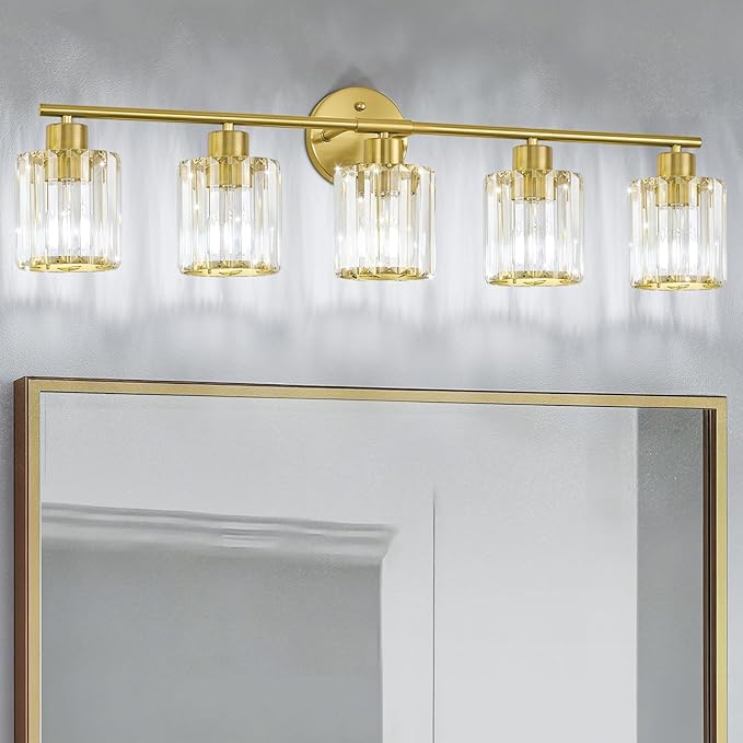 Crystal Bathroom Light Fixtures,Bathroom Lighting Fixtures Over Mirror, Modern 5-Light Gold Vanity Lights for Mirror, Restroom,Kitchen(Ceramic E26 Socket,Bulbs Not Include)