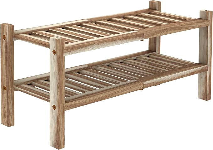 2-Tier Acacia Wood Stackable Shoe Rack - Brush Light Natural